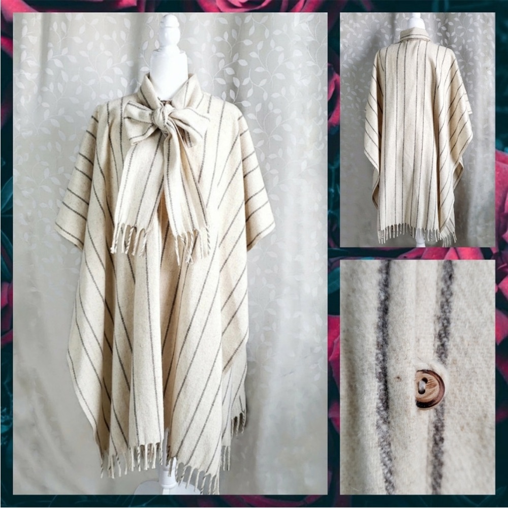 VINTAGE Wool Stripe Fringe Handmade Cape Shawl, perfect for fall!